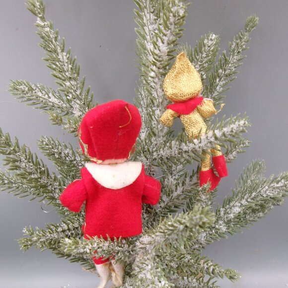 2 Vintage Pixie Elf Christmas Ornaments, Poseable Sitters, Red and Gold Lame - Picture 4 of 7
